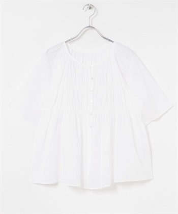 棉質巴里紗鈕扣碎褶罩衫(米色-FREE-OFF WHITE)