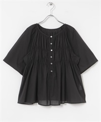 棉質巴里紗鈕扣碎褶罩衫(黑色-FREE-BLACK)