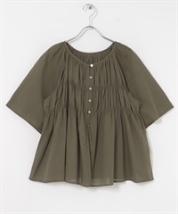 棉質巴里紗鈕扣碎褶罩衫(卡其綠-FREE-KHAKI)