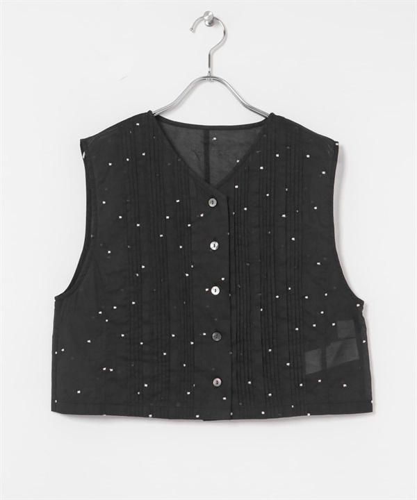 new basic 歐根紗點點細褶背心(黑色-FREE-BLACK)