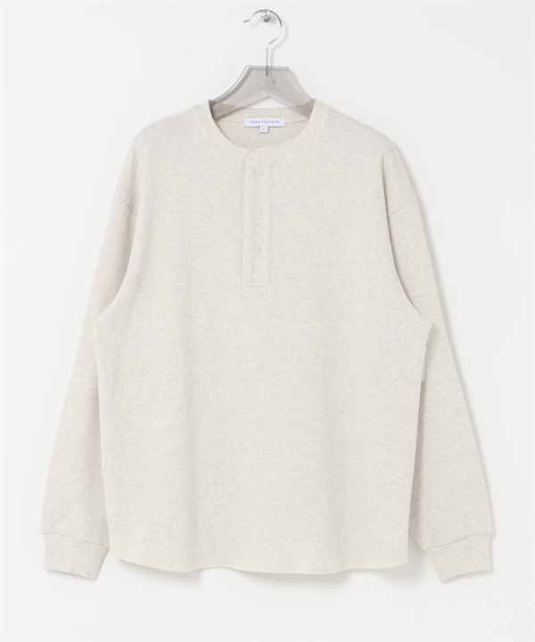 UR TECH 細密華夫格亨利領長袖上衣(燕麥色-M-OATMEAL)