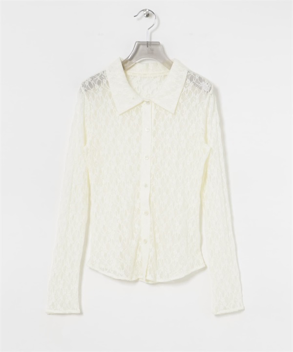 彈性蕾絲襯衫領罩衫(米色-FREE-OFF WHITE)