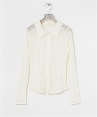 彈性蕾絲襯衫領罩衫(米色-FREE-OFF WHITE)