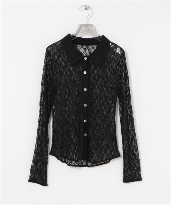 彈性蕾絲襯衫領罩衫(黑色-FREE-BLACK)