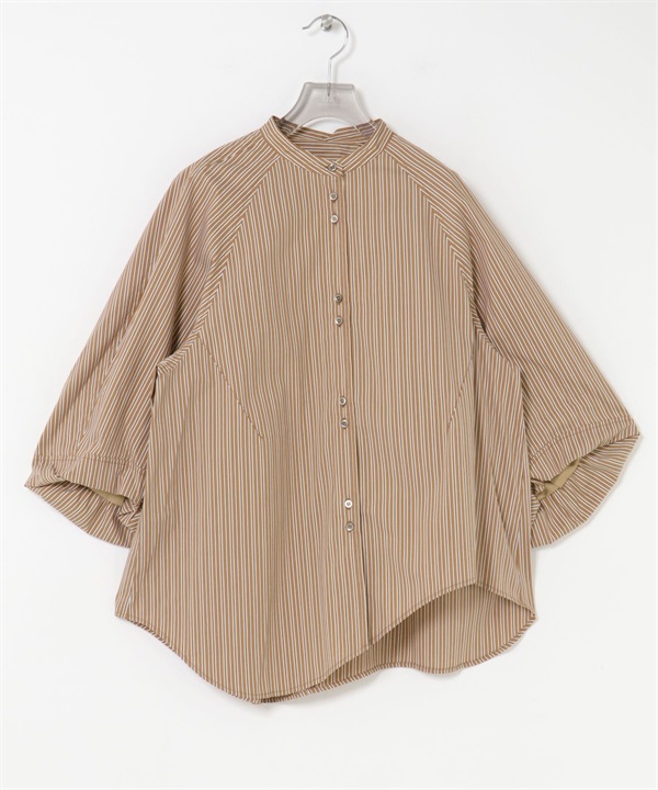 不規則下襬立領七分袖罩衫(駝色條紋-FREE-其他膚色)