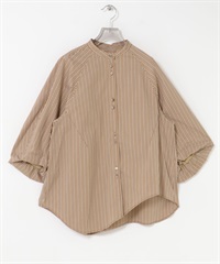 不規則下襬立領七分袖罩衫(駝色條紋-FREE-其他膚色)
