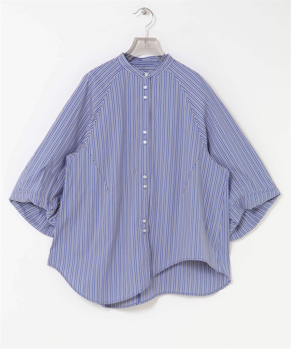 不規則下襬立領七分袖罩衫(藍色條紋-FREE-其他藍色)