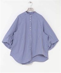 不規則下襬立領七分袖罩衫(藍色條紋-FREE-其他藍色)