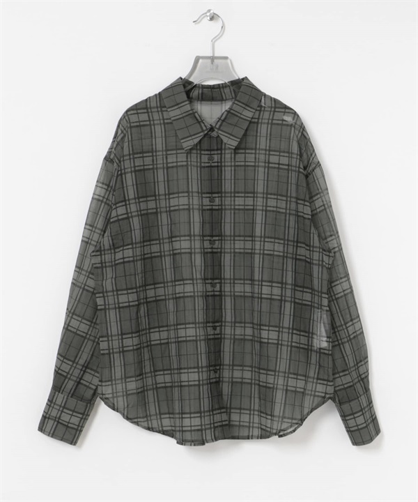 透膚格紋寬版襯衫(灰色-FREE-GRAY)