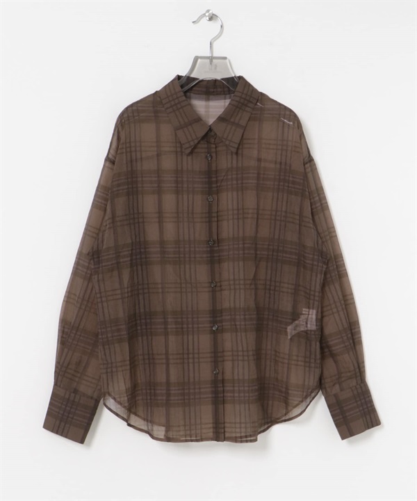 透膚格紋寬版襯衫(棕色-FREE-BROWN)