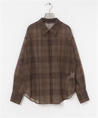 透膚格紋寬版襯衫(棕色-FREE-BROWN)