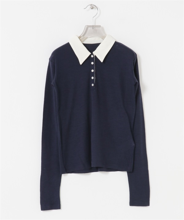 羊毛彈性POLO領上衣(藏青色-FREE-NAVY)