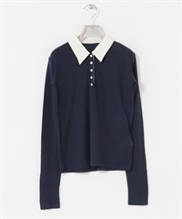 羊毛彈性POLO領上衣(藏青色-FREE-NAVY)