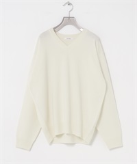 純羊毛V領寬鬆柔軟針織衫(米白色-FREE-OFF WHITE)