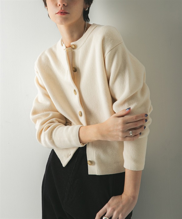 羊毛混喀什米爾墊肩開襟衫