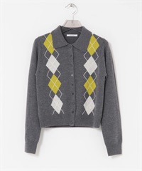 菱格紋襯衫領開襟衫(灰色-FREE-GRAY)