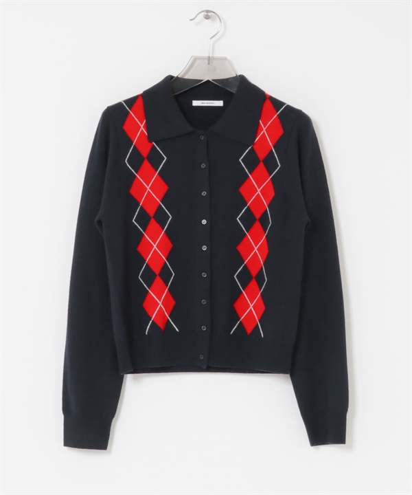 菱格紋襯衫領開襟衫(藏青色-FREE-NAVY)