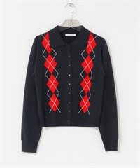 菱格紋襯衫領開襟衫(藏青色-FREE-NAVY)