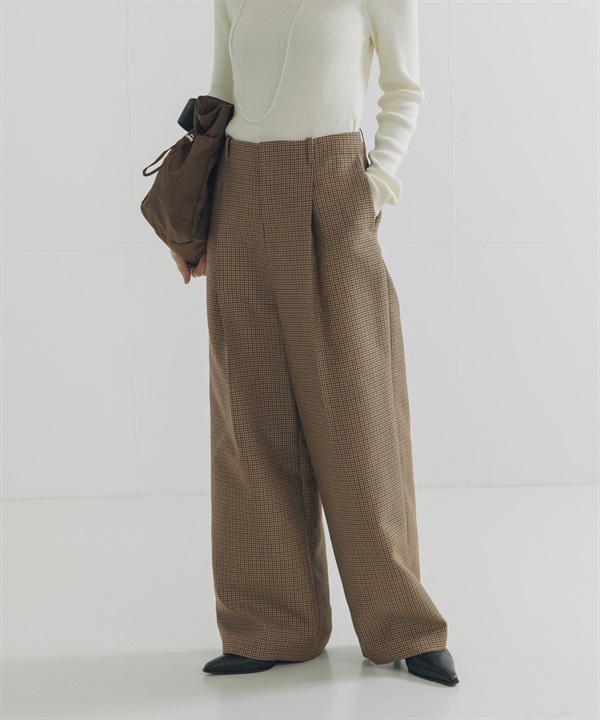 羊毛混紡格紋寬褲