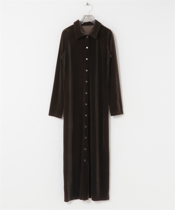 絲絨襯衫領洋裝(棕色-FREE-BROWN)