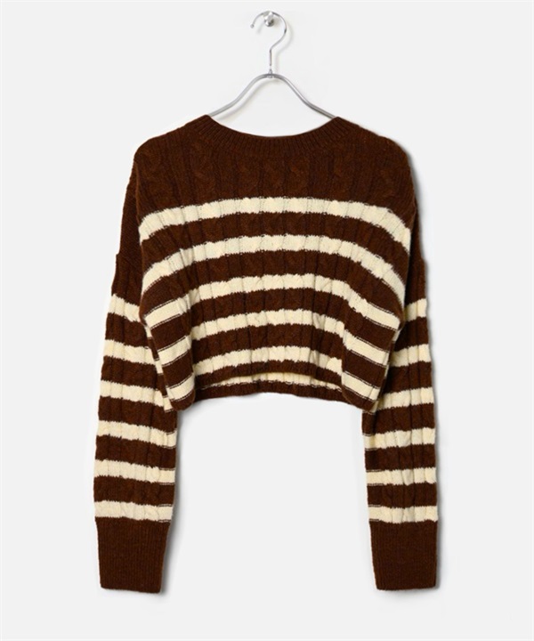 【張甯兒聯名企劃】短版橫紋針織衫(米色x棕色-F-BROWN)