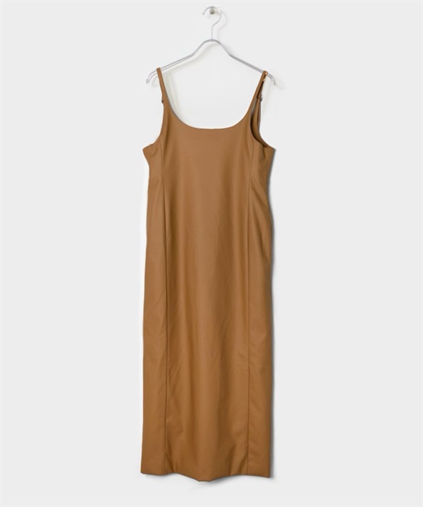 【張甯兒聯名企劃】仿皮革細肩帶洋裝(膚色-36-BEIGE)