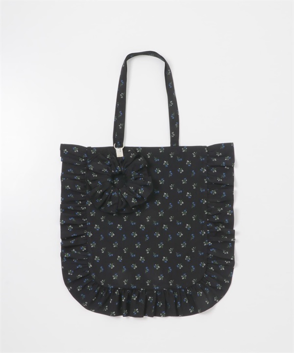 附綁髮圈荷葉邊托特包(黑色碎花-one-其他黑色)