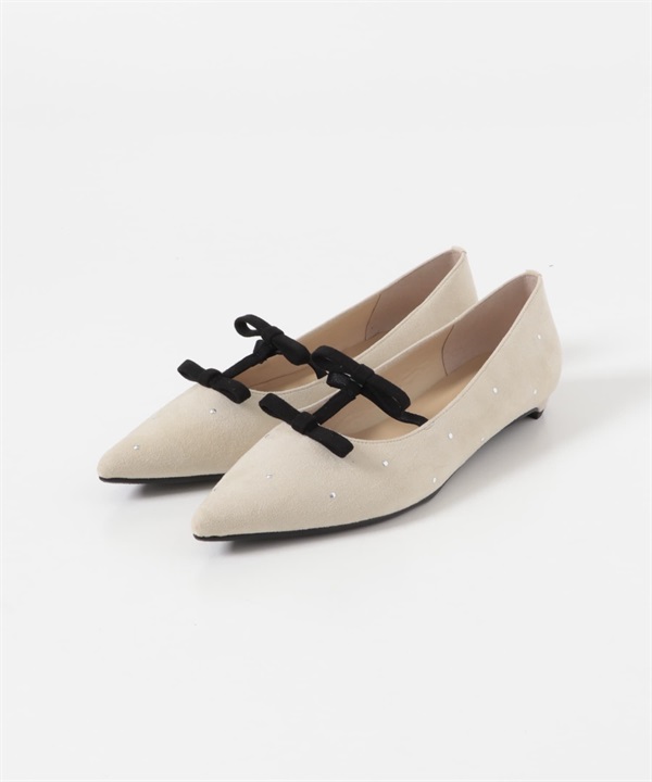 日本製2cm雙蝴蝶結低跟鞋(米色-36-OFF WHITE)