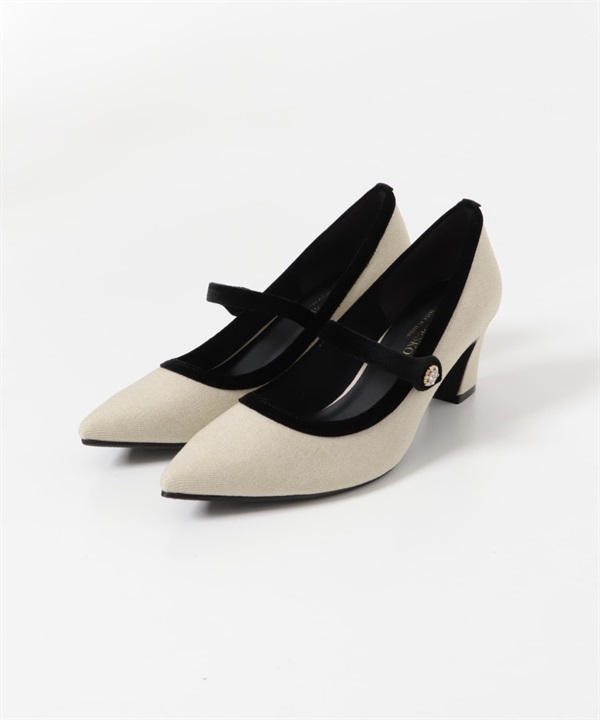 日本製鑽飾粗跟瑪莉珍鞋(米色x黑色-36-OFF WHITE)