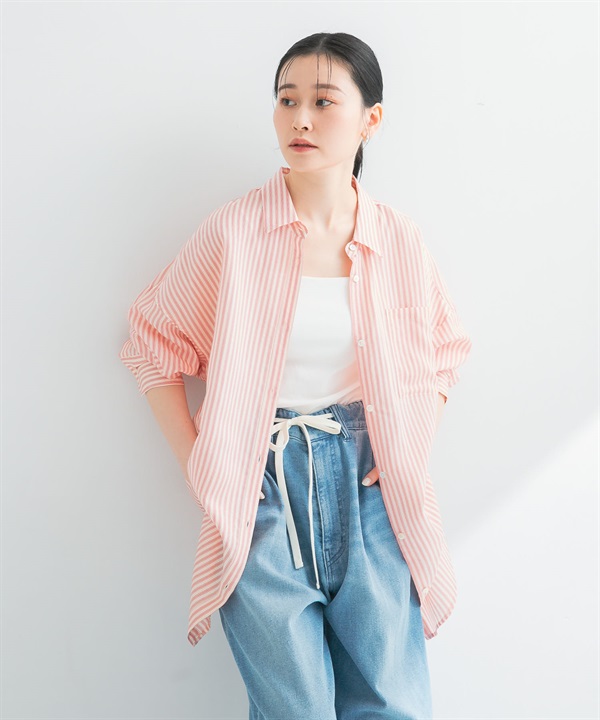 new basic 嫘縈絲質直條紋寬版襯衫