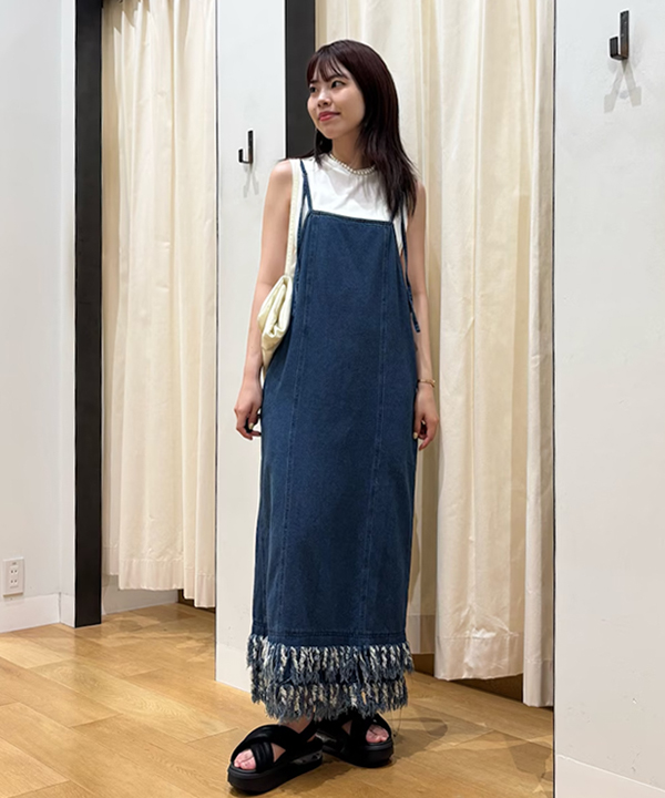 流蘇牛仔細肩帶洋裝