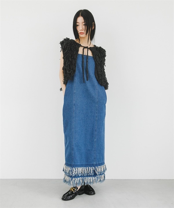流蘇牛仔細肩帶洋裝