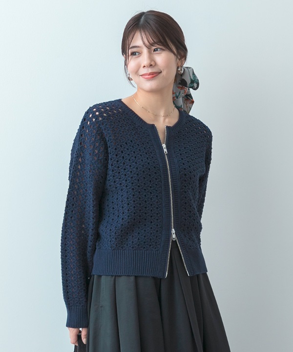 F by ROSSO 鏤空織紋拉鍊開襟衫