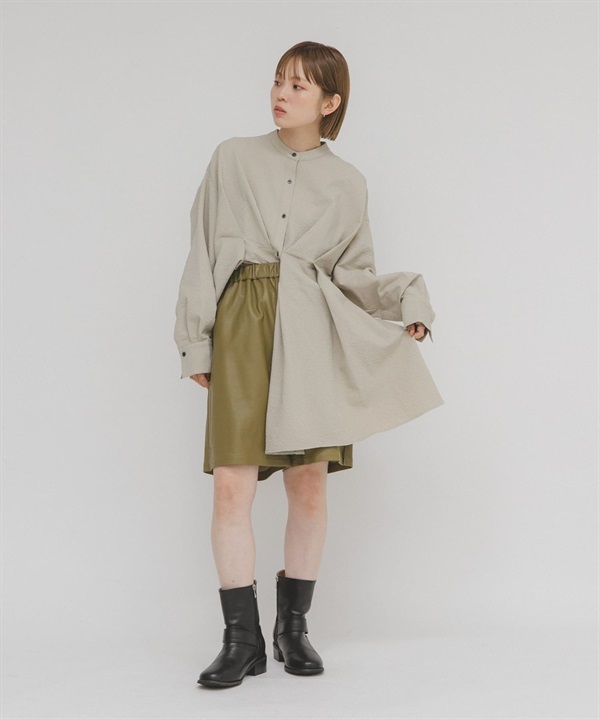 腰部打褶長版襯衫