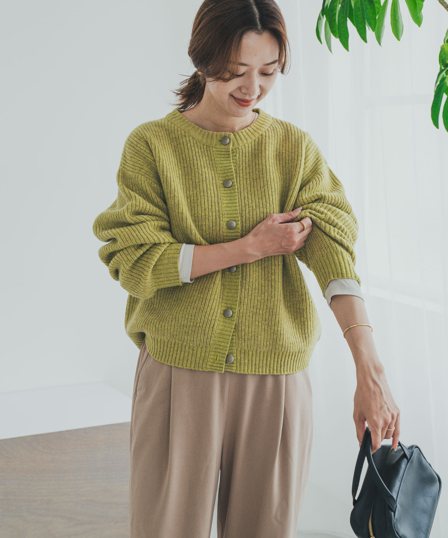 漢密爾頓羊毛畦編圓領開襟衫