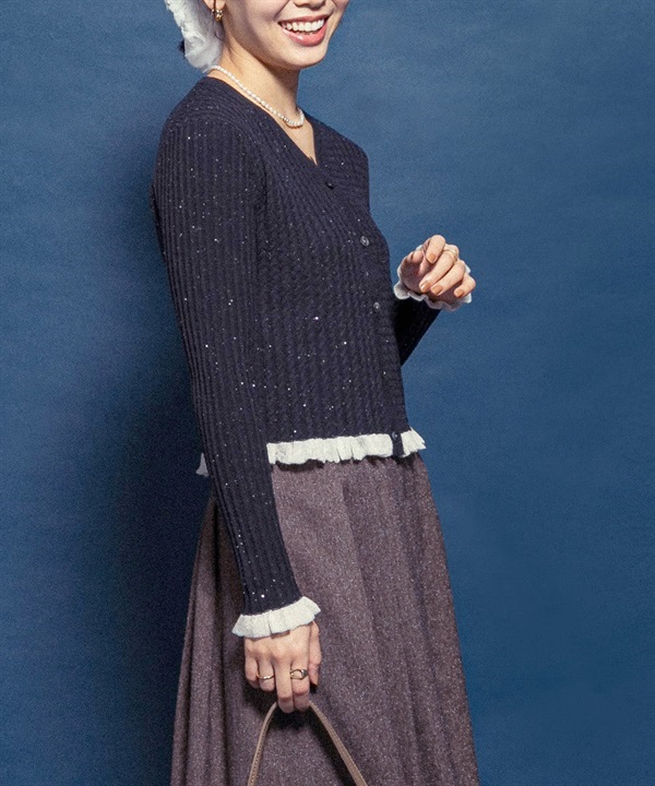 F by ROSSO 亮片荷葉邊羅紋開襟衫