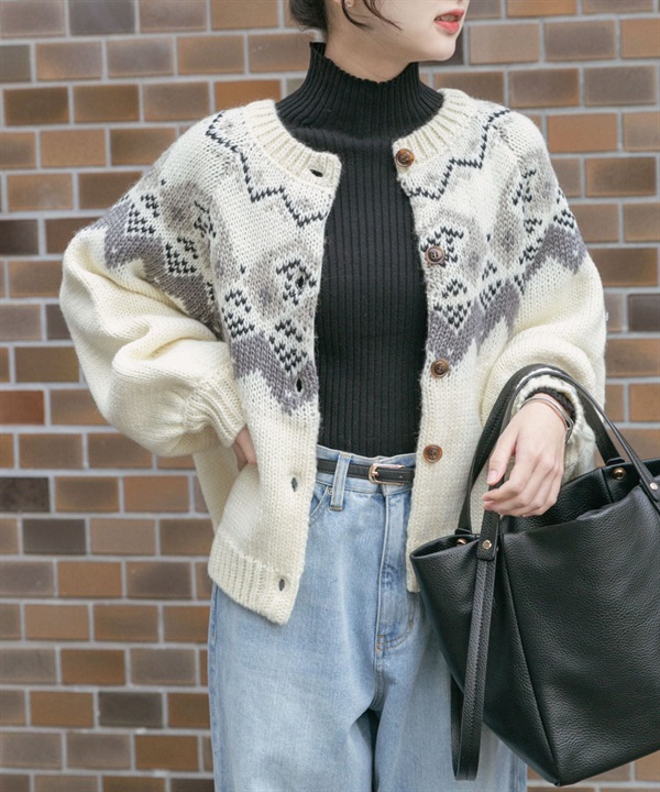 北歐風織紋蓬袖開襟衫