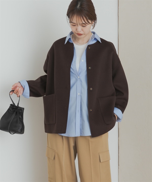 羊毛雙面呢無領中長版大衣