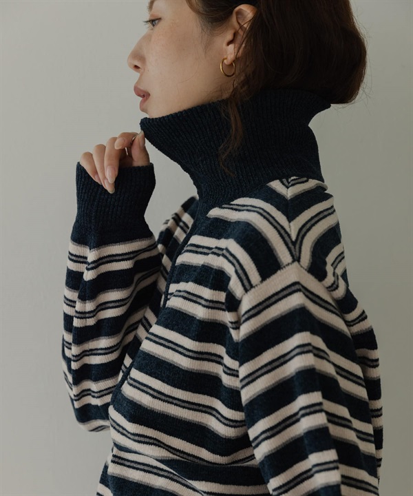 雪尼爾紗多彩橫紋半拉鍊套衫