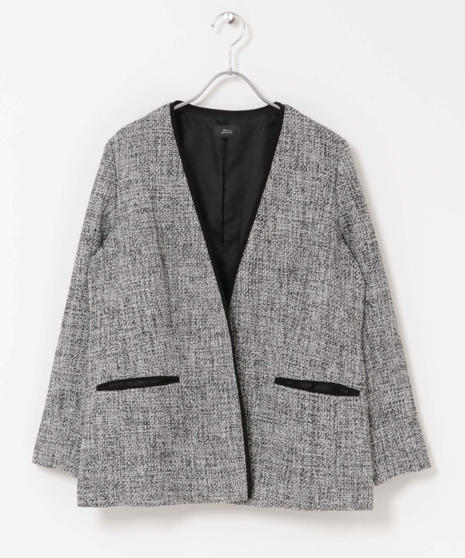 粗花呢V字無領長版西裝外套