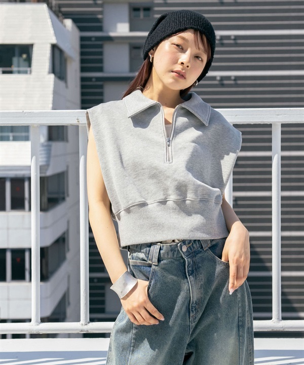 肩部打褶拉鍊休閒上衣