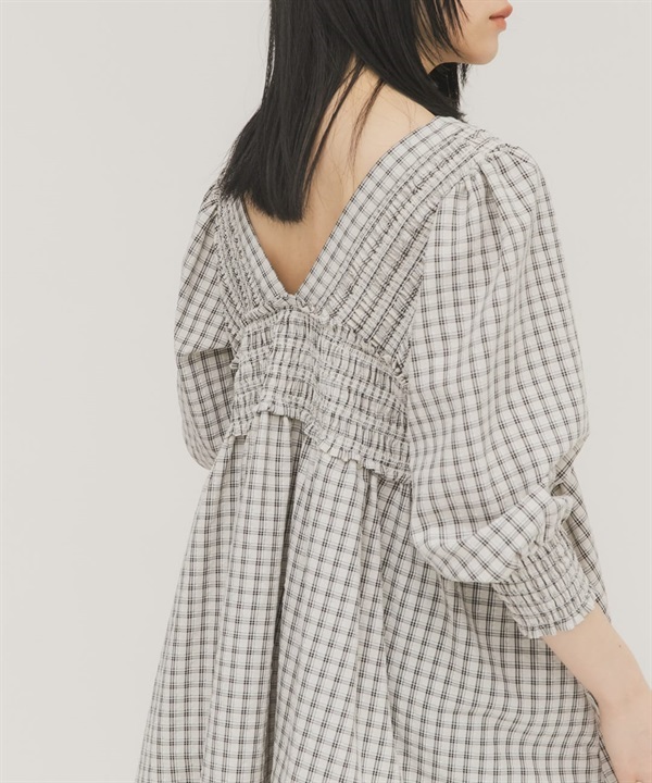 2WAY抽褶縫格紋迷你洋裝