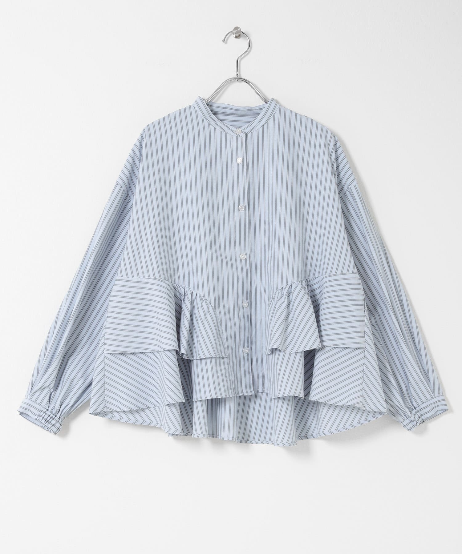 立領荷葉邊直條紋襯衫