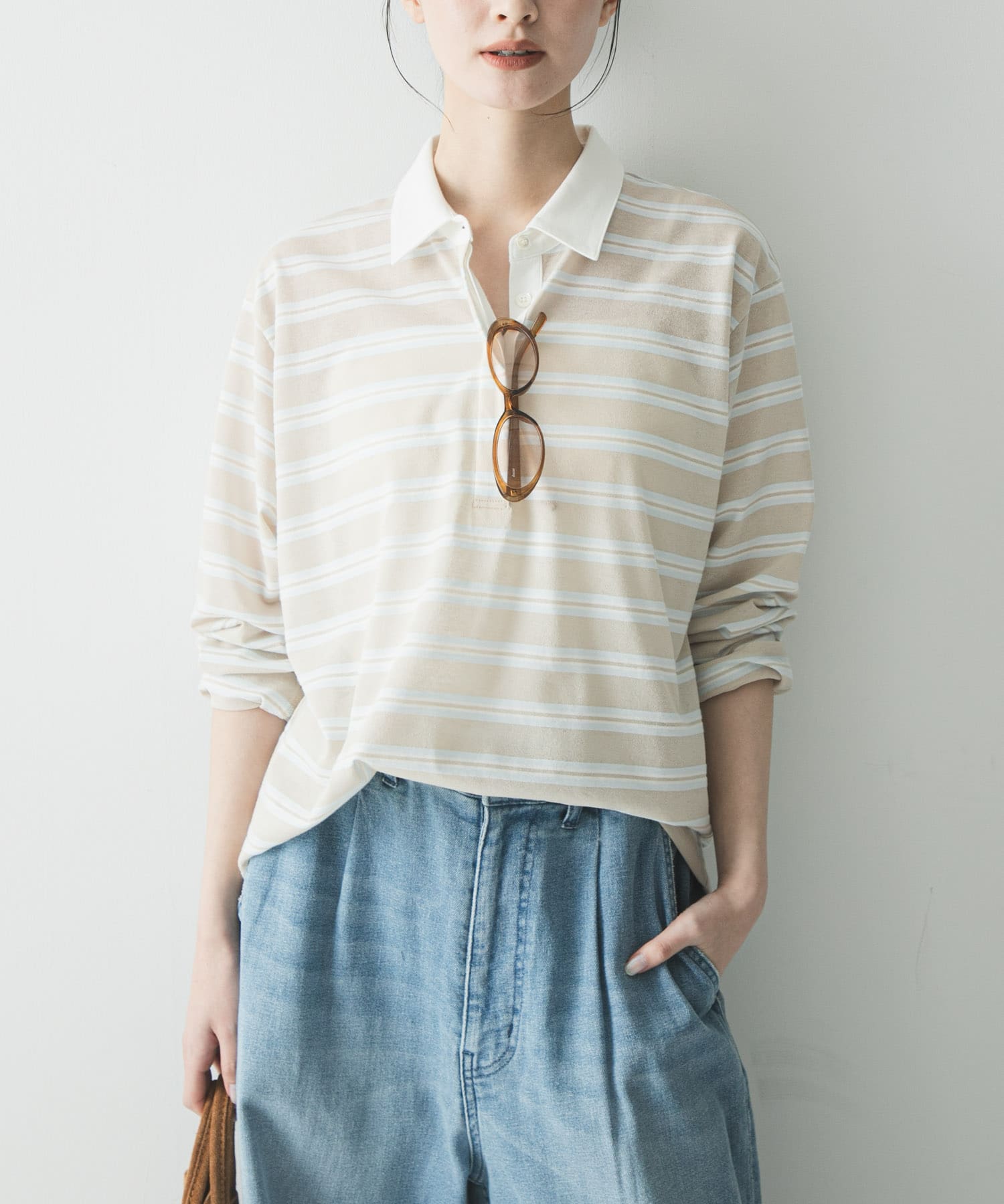 襯衫領多彩橫紋上衣