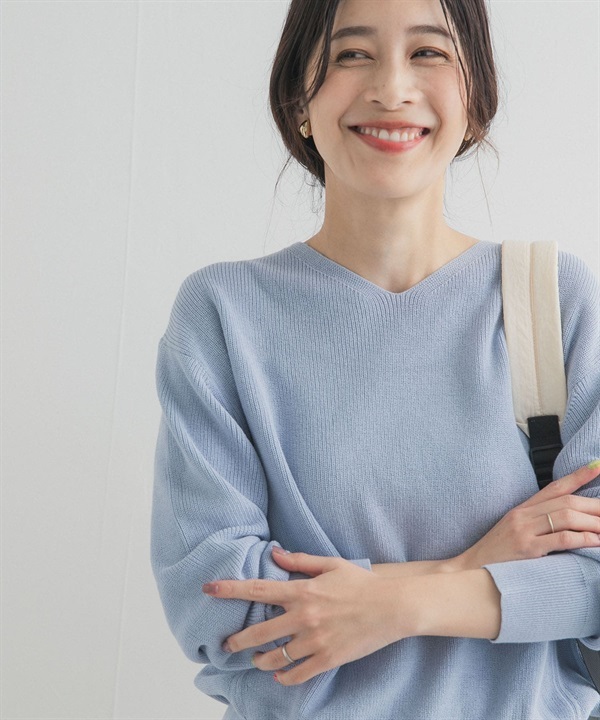 棉質畦編V領針織衫