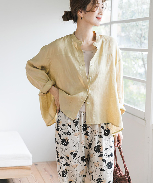 亞麻弧形袖罩衫