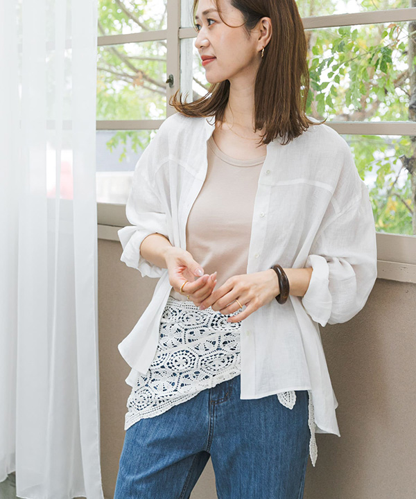 亞麻弧形袖罩衫