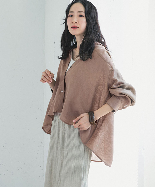 亞麻弧形袖罩衫