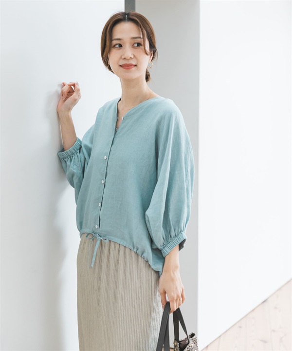 亞麻抽繩蝙蝠袖罩衫