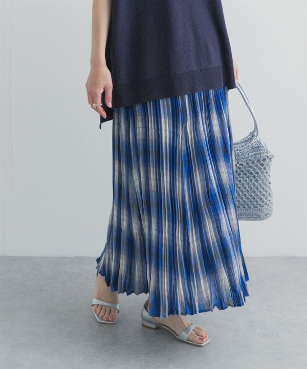 水洗感百褶格紋裙